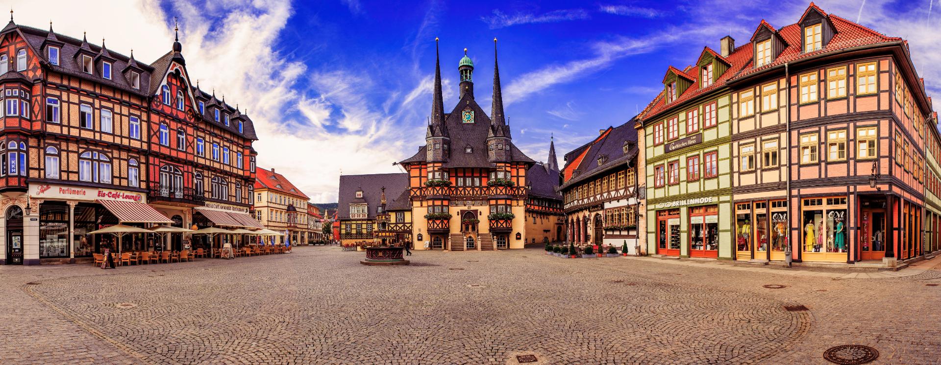 A colorful town square with half-timbered houses in Wernigerode